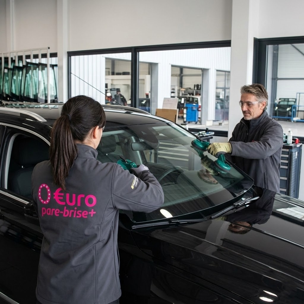Techniciens remplaçant un pare-brise